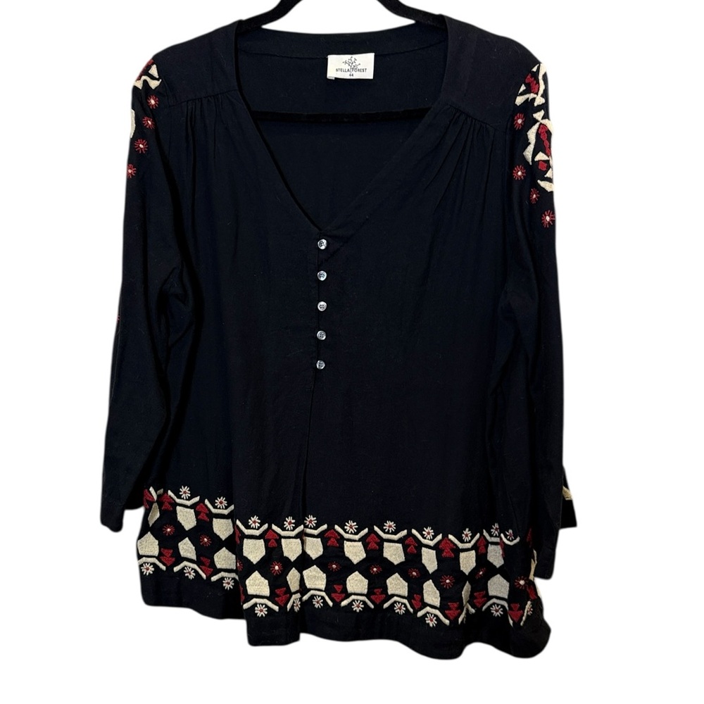 Stella Forest Women’s Marianna Black Embroidered Boho Scandinavian Top sz 12